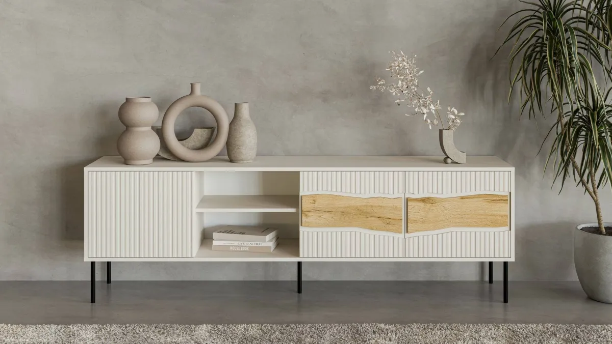 Mobili Porta Tv > Dmora Mobile porta TV Luvinate, 190x40 h62 cm, Beige e Rovere Nodi Beige Cashmere