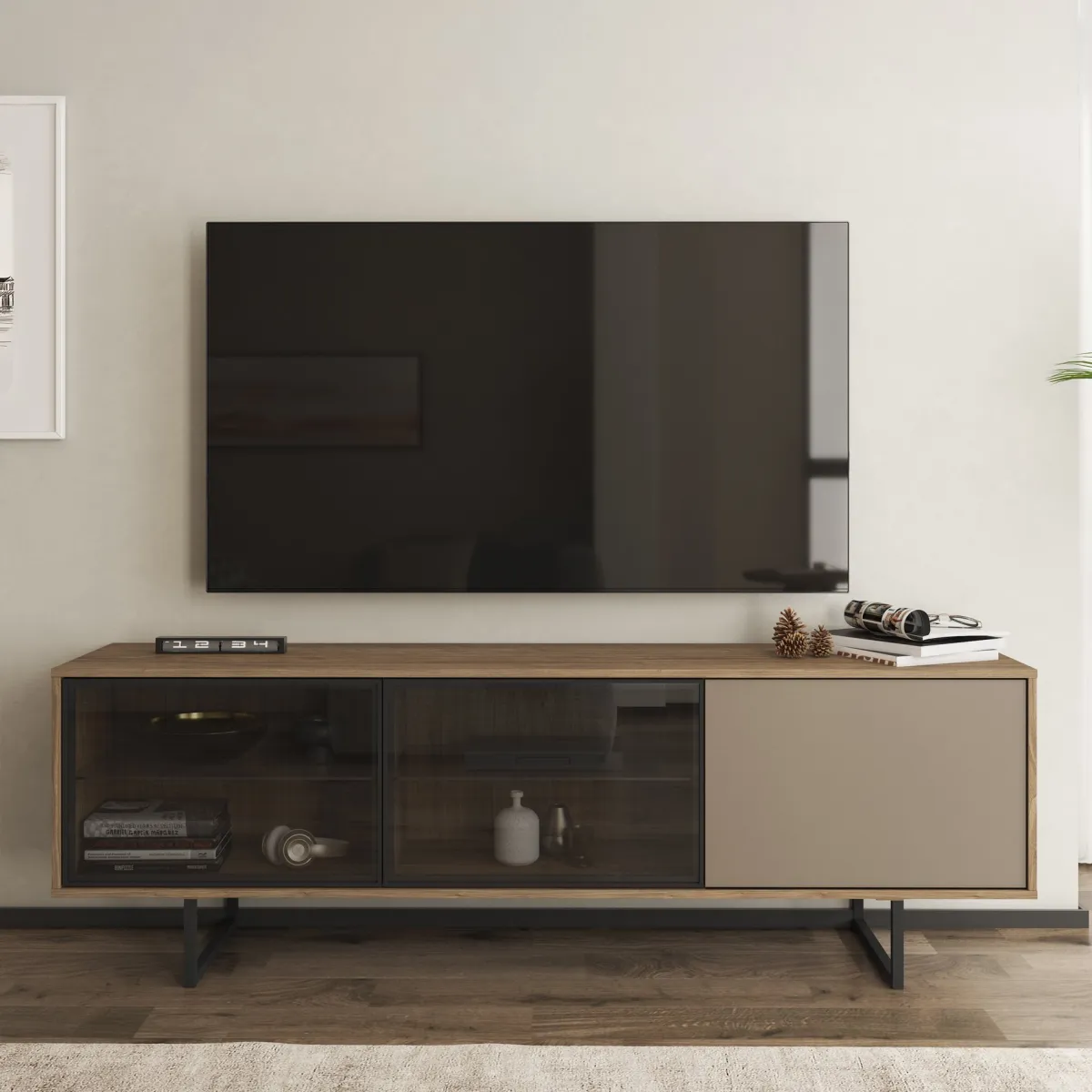Mobili Porta Tv > Dmora Mobile Porta tv Marrone Noce Beige 3 Ripiani 3 Ante 185x40x60h cm, Anta e Ripiani Dettaglio Vetro - Serrata Beige, Marrone Noce