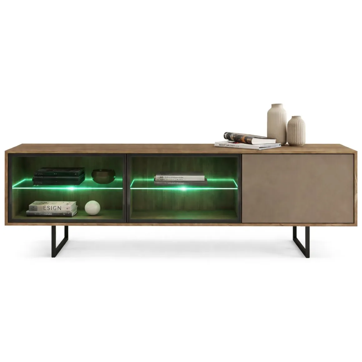 Mobile Porta tv Marrone Noce Beige 3 Ripiani 3 Ante 185x40x60h cm, Anta e Ripiani Dettaglio Vetro, con Luci led - Travesio