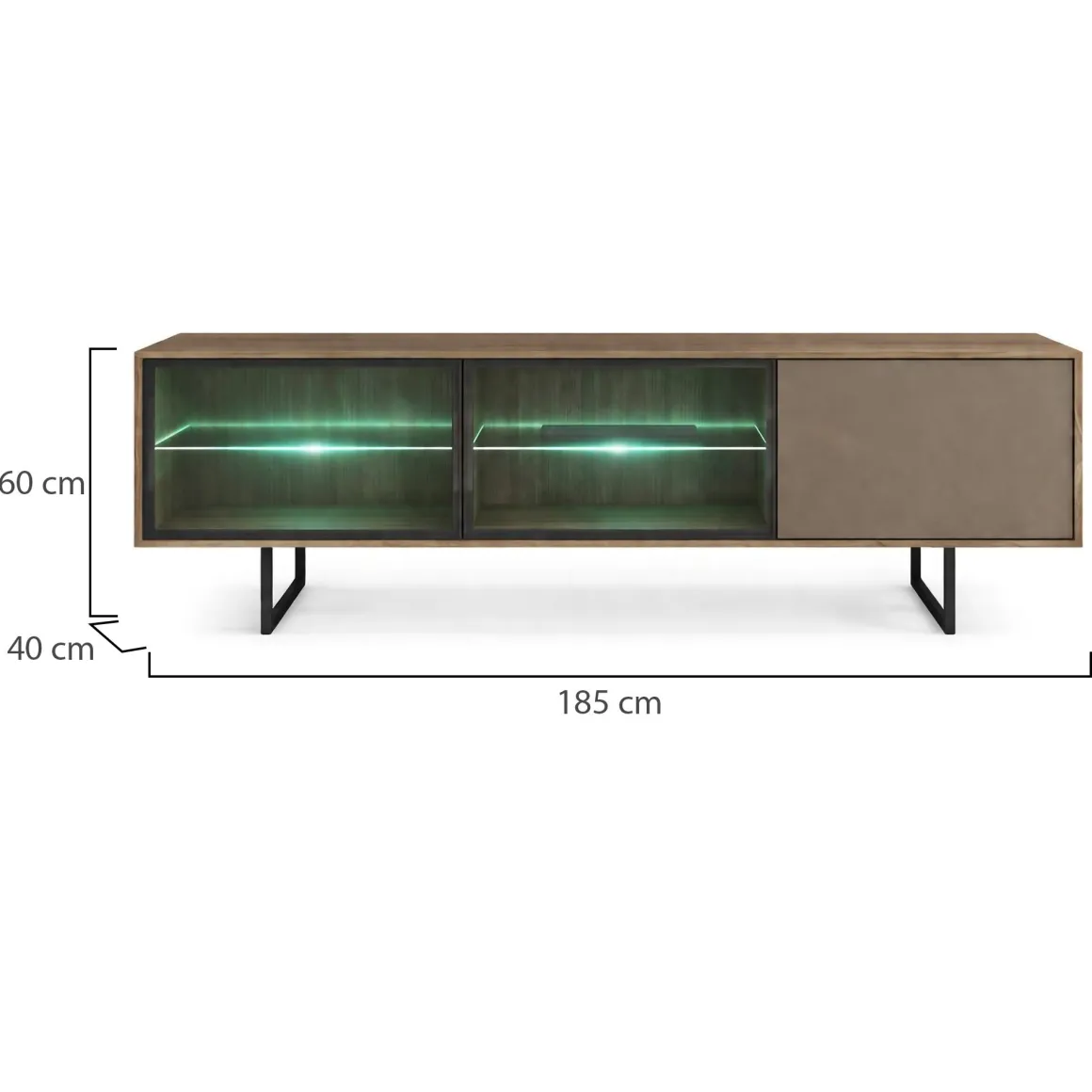 Mobile Porta tv Marrone Noce Beige 3 Ripiani 3 Ante 185x40x60h cm, Anta e Ripiani Dettaglio Vetro, con Luci led - Travesio