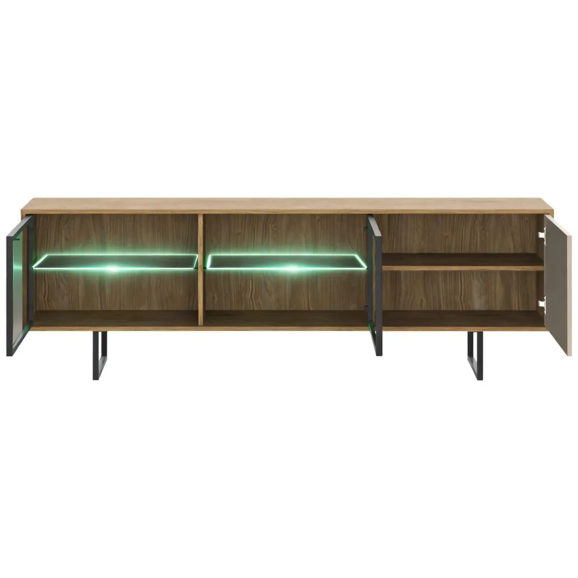 Mobile Porta tv Marrone Noce Beige 3 Ripiani 3 Ante 185x40x60h cm, Anta e Ripiani Dettaglio Vetro, con Luci led - Travesio