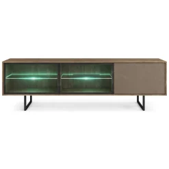 Mobile Porta tv Marrone Noce Beige 3 Ripiani 3 Ante 185x40x60h cm, Anta e Ripiani Dettaglio Vetro, con Luci led - Travesio