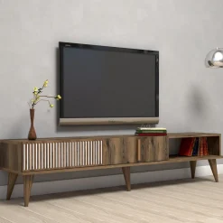 Mobile Porta tv Marrone Noce Bianco 2 Ante Apertura a Ribalta 180x35x40h cm, 3 Vani - Ofena