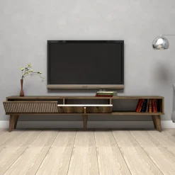 Mobile Porta tv Marrone Noce Bianco 2 Ante Apertura a Ribalta 180x35x40h cm, 3 Vani - Ofena