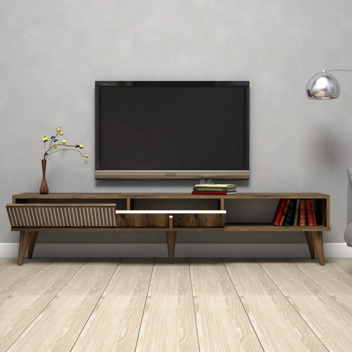 Mobile Porta tv Marrone Noce Bianco 2 Ante Apertura a Ribalta 180x35x40h cm, 3 Vani - Ofena