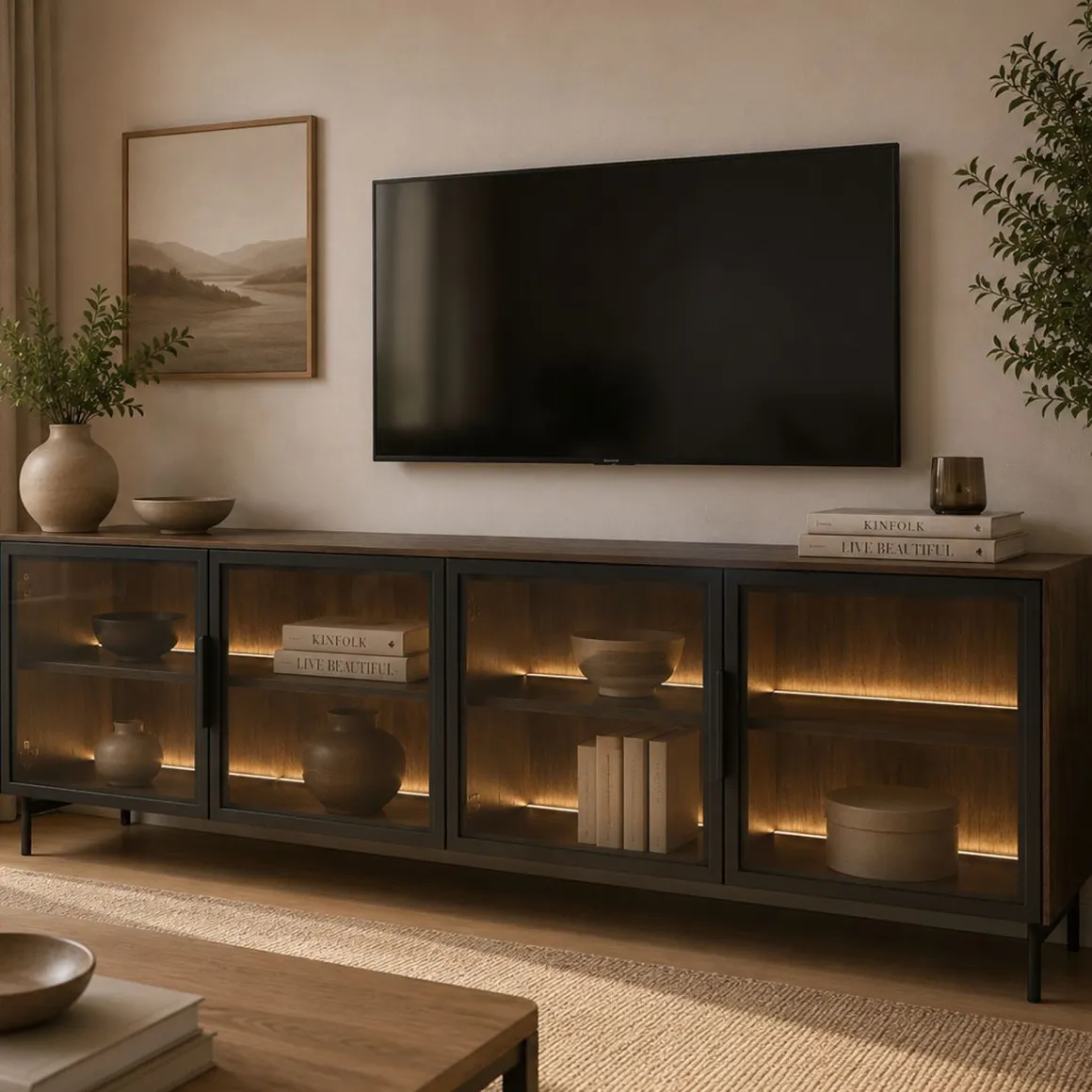 Mobile Porta tv Marrone Noce Nero 3 Ripiani 4 Ante 181x39x62h cm, con led - Kalerora