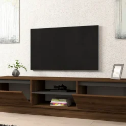 Mobile Porta tv Marrone Noce Nero Antracite un Ripiano 2 Ante 180x40x45h cm, 4 Vani - Lurani