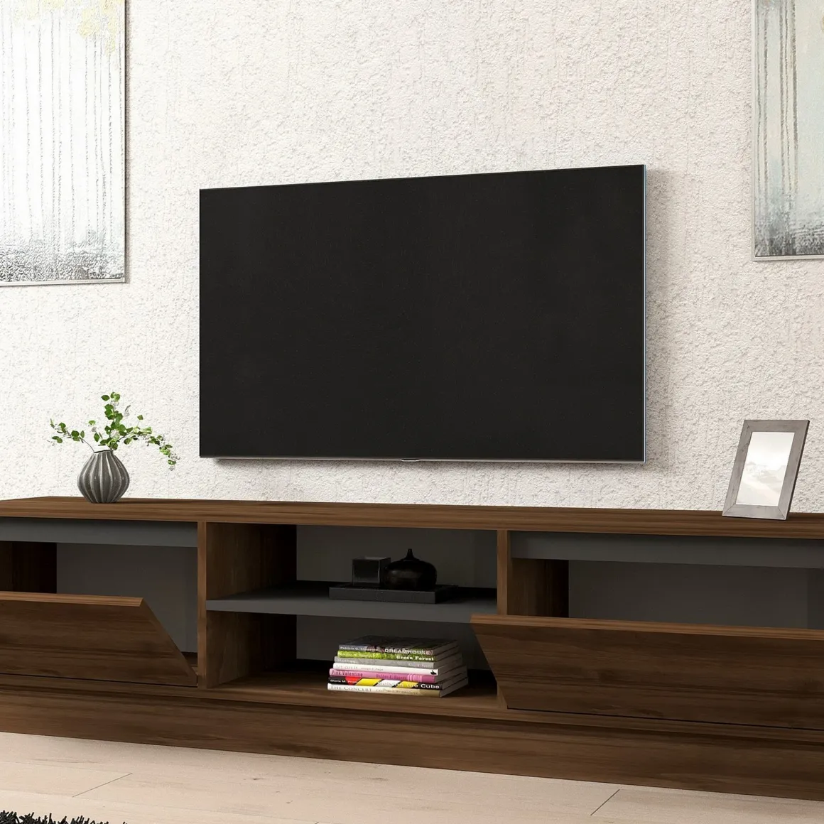 Mobile Porta tv Marrone Noce Nero Antracite un Ripiano 2 Ante 180x40x45h cm, 4 Vani - Lurani