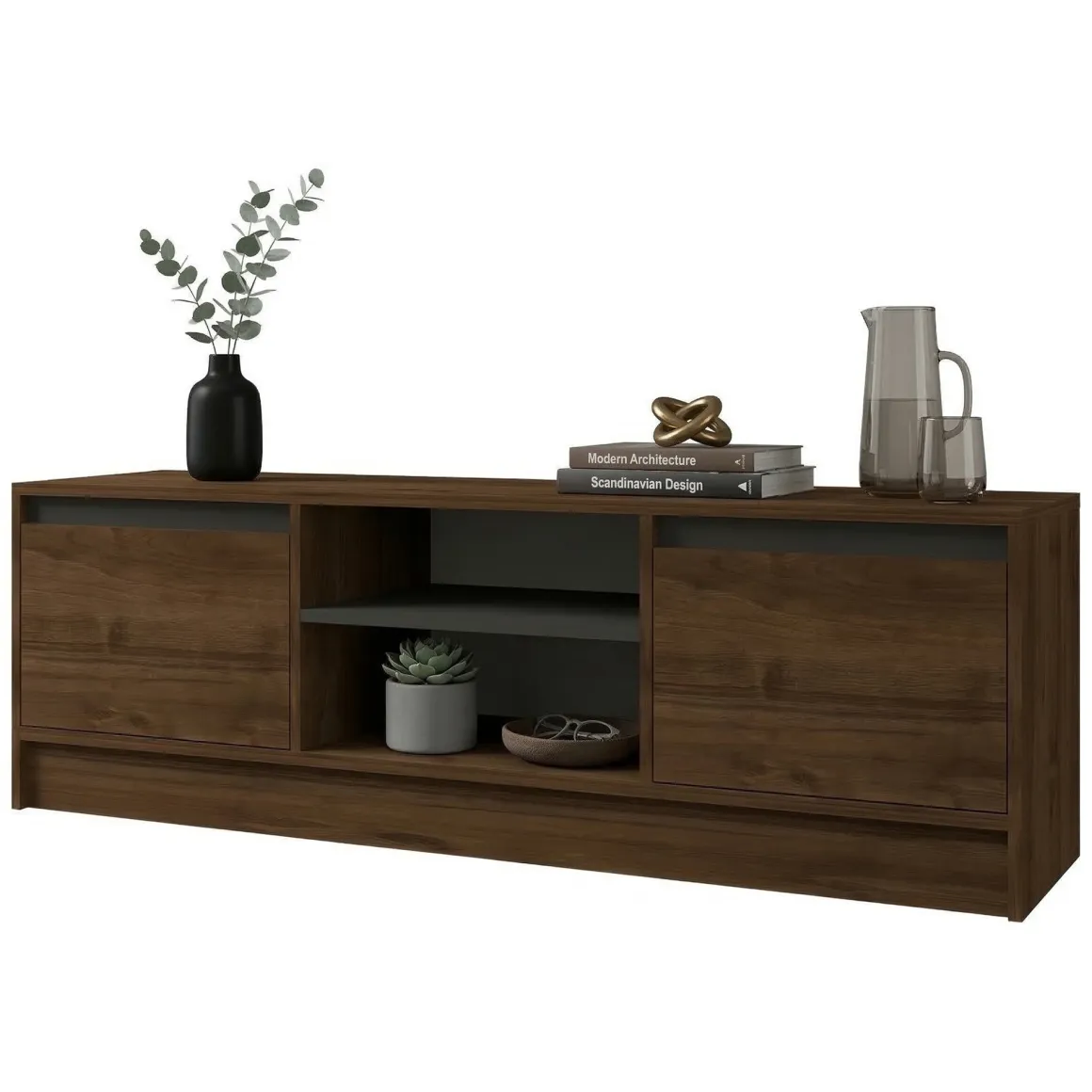 Mobile Porta tv Marrone Noce Nero Antracite un Ripiano 2 Ante 180x40x45h cm, 4 Vani - Lurani