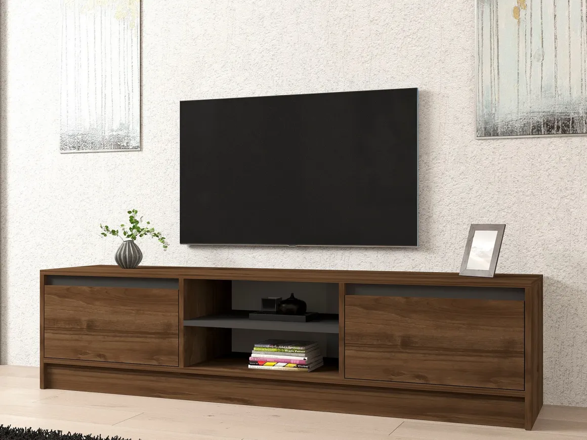 Mobile Porta tv Marrone Noce Nero Antracite un Ripiano 2 Ante 180x40x45h cm, 4 Vani - Lurani