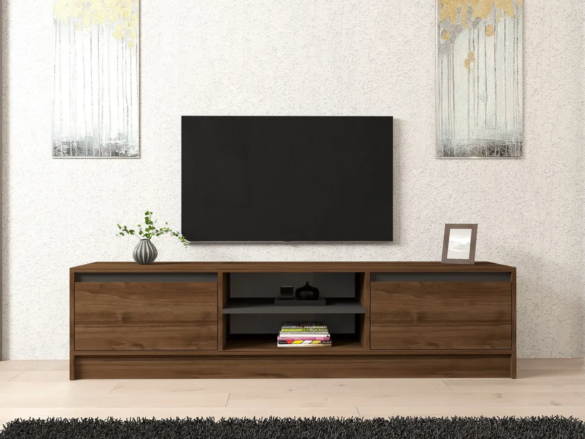 Mobile Porta tv Marrone Noce Nero Antracite un Ripiano 2 Ante 180x40x45h cm, 4 Vani - Lurani