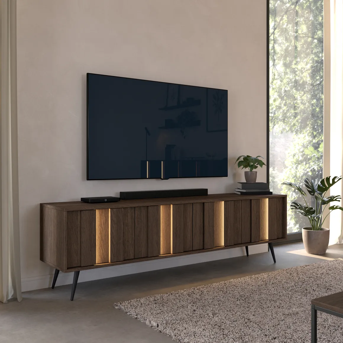 Mobile Porta tv Marrone Noce Nero un Ripiano 4 Ante 183x40x54h cm, con led - Kafami