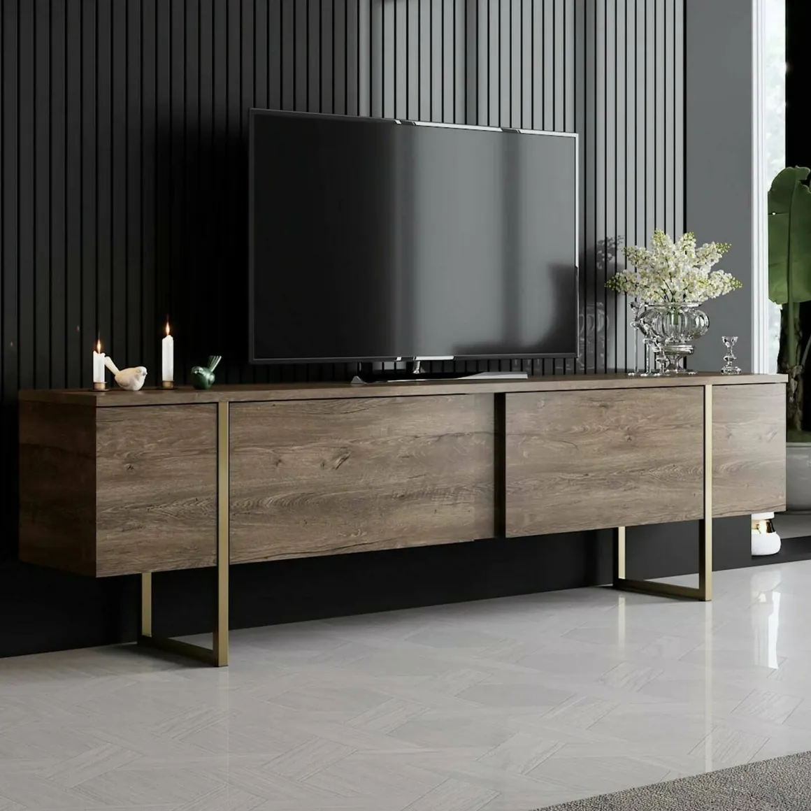 Mobile Porta tv Marrone Noce oro Cassetti un Ripiano 180x30x50h cm, 2 Ante - Abishia