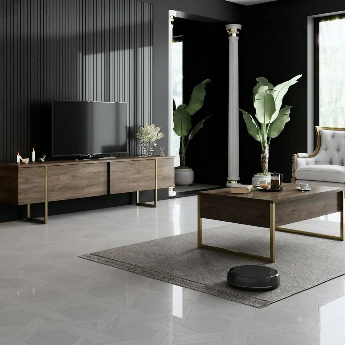 Mobile Porta tv Marrone Noce oro Cassetti un Ripiano 180x30x50h cm, 2 Ante - Abishia