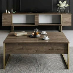 Mobile Porta tv Marrone Noce oro Cassetti un Ripiano 180x30x50h cm, 2 Ante - Abishia