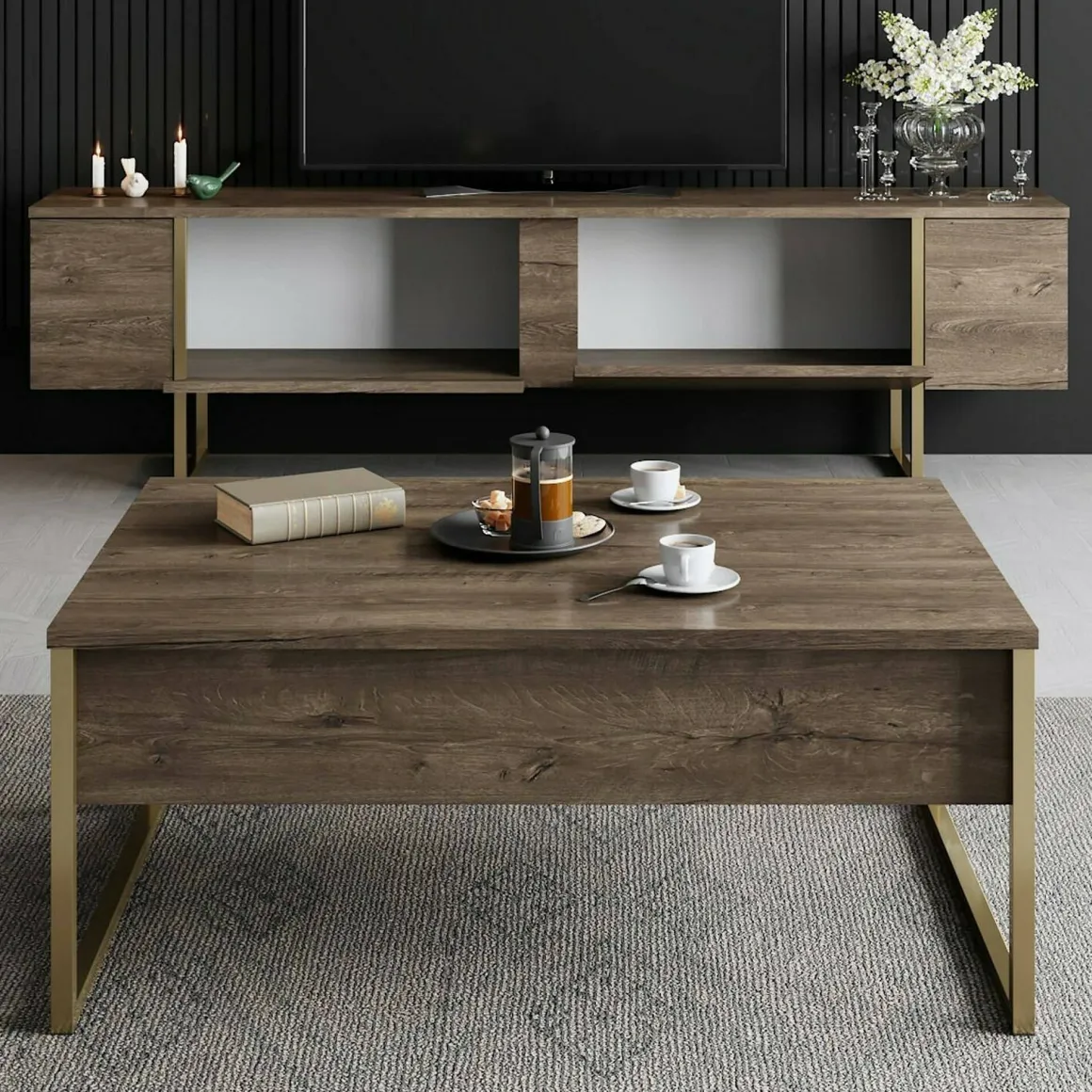 Mobile Porta tv Marrone Noce oro Cassetti un Ripiano 180x30x50h cm, 2 Ante - Abishia