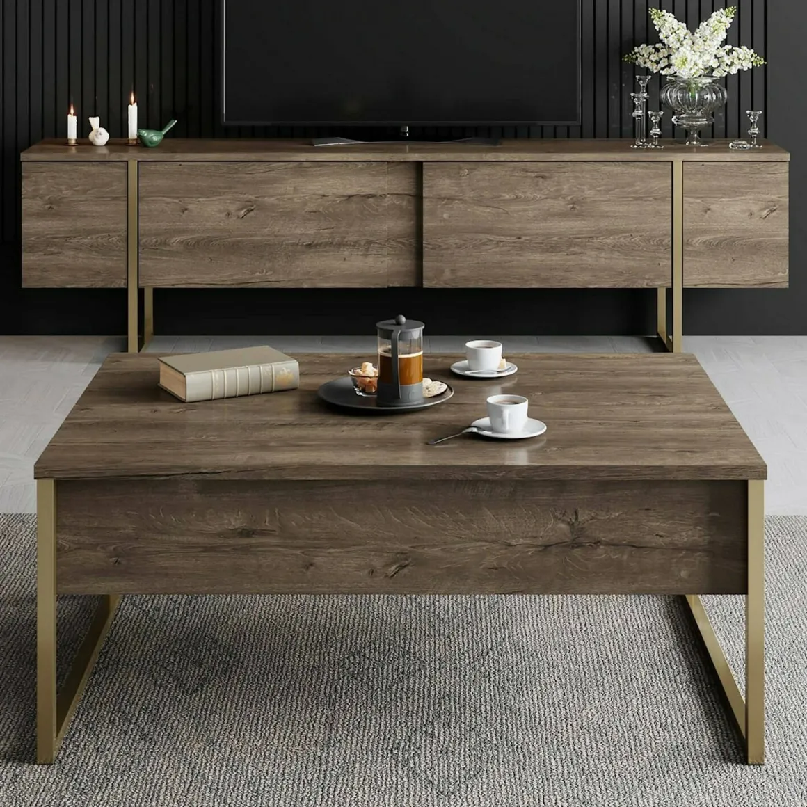 Mobile Porta tv Marrone Noce oro Cassetti un Ripiano 180x30x50h cm, 2 Ante - Abishia