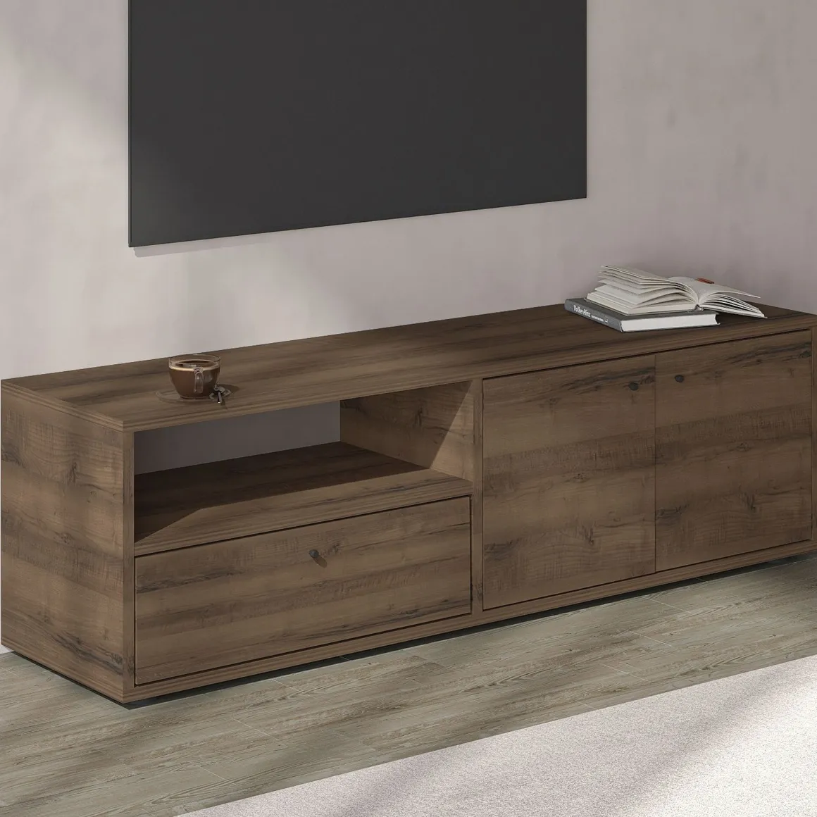 Mobile Porta tv Marrone Noce 2 Ripiani 3 Ante 136x35x42h cm, 4 Vani - Partanna