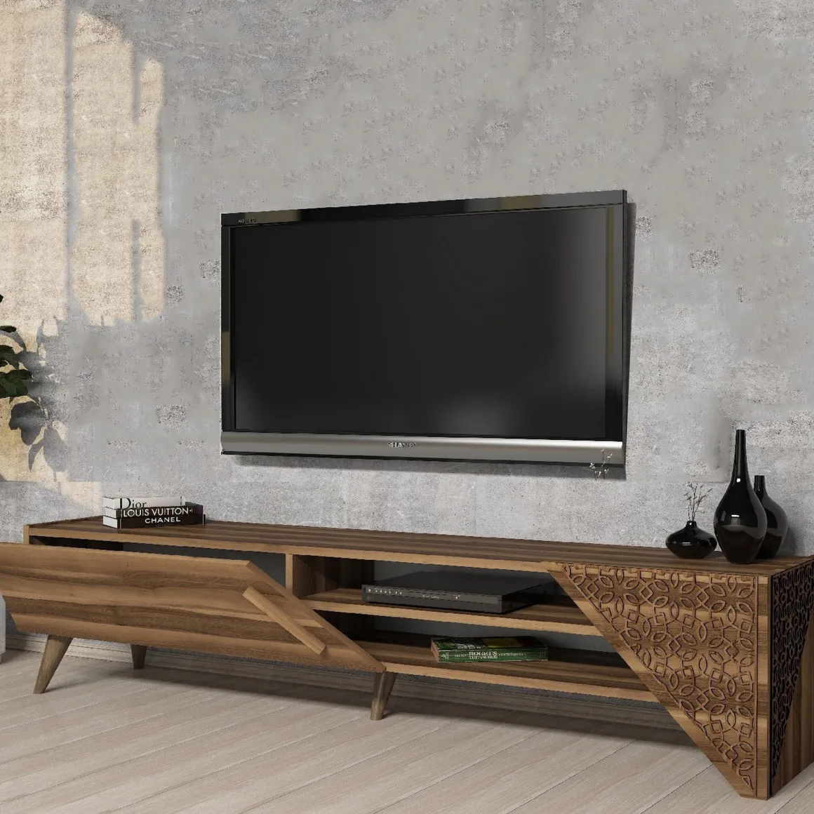 Mobile Porta tv Marrone Noce un Ripiano Un'anta 180x40x37h cm, 3 Vani - Campli