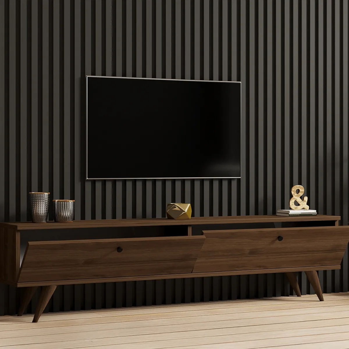 Mobili Porta Tv > Dmora Mobile Porta tv 2 Vani 2 Ante 160x25x40h cm, Apertura a Ribalta - Atestino Marrone Noce