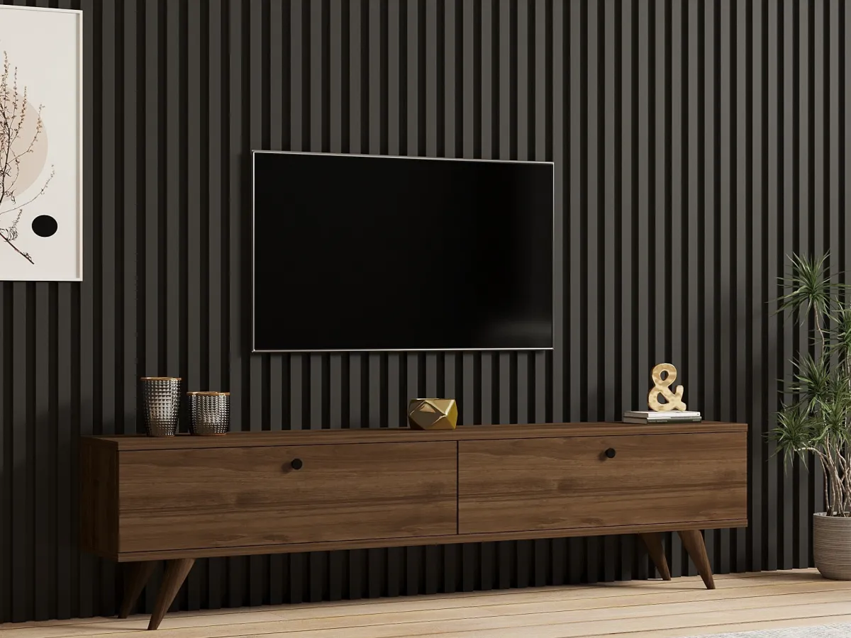 Mobili Porta Tv > Dmora Mobile Porta tv 2 Vani 2 Ante 160x25x40h cm, Apertura a Ribalta - Atestino Marrone Noce
