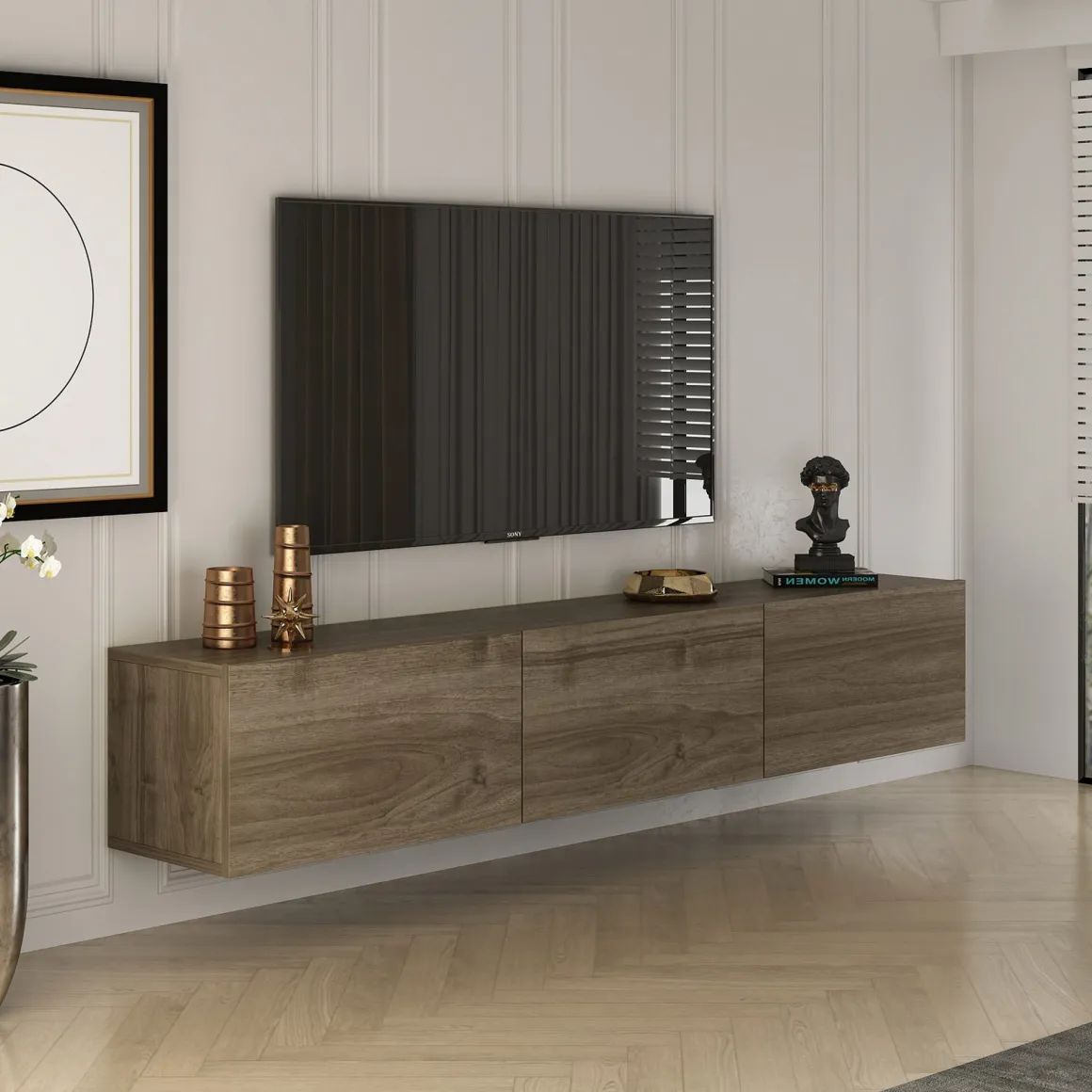 Mobile Porta tv Marrone Noce 3 Vani 3 Ante 150x32x30h cm, Apertura a Ribalta - Saonara