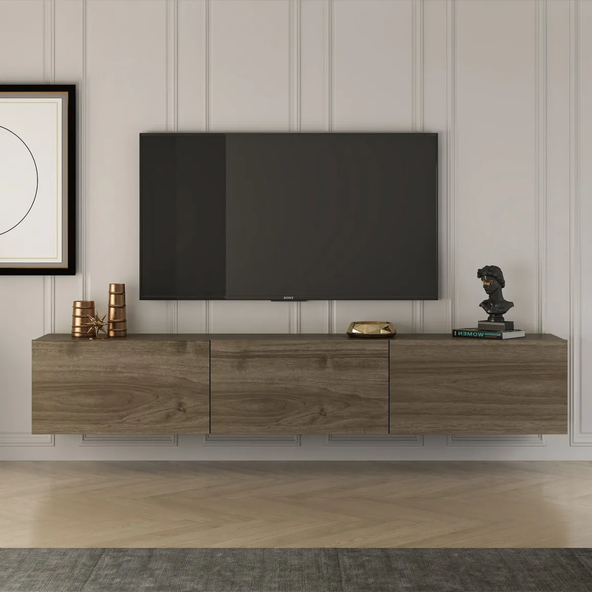 Mobile Porta tv Marrone Noce 3 Vani 3 Ante 150x32x30h cm, Apertura a Ribalta - Saonara
