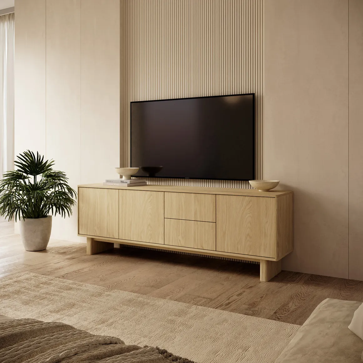 Mobili Porta Tv > Dmora Mobile Porta tv 2 Ripiani 2 Ante 141x30x31h cm, 4 Vani - Olmi Marrone Rovere
