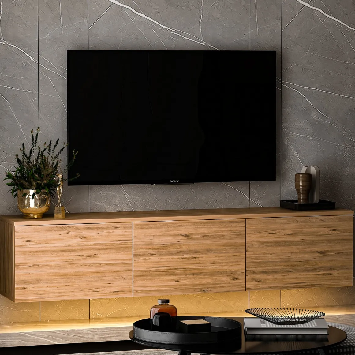 Mobili Porta Tv > Dmora Mobile Porta tv 3 Vani 3 Ante 160x32x35h cm, Apertura a Ribalta - Surrigone Marrone Rovere