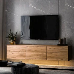 Mobili Porta Tv > Dmora Mobile Porta tv 3 Vani 3 Ante 160x32x35h cm, Apertura a Ribalta - Surrigone Marrone Rovere