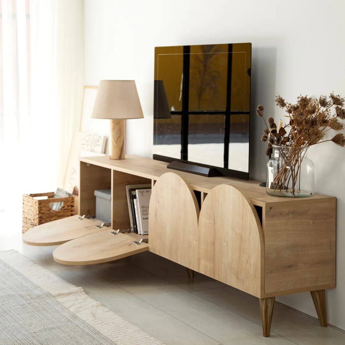 Mobili Porta Tv > Dmora Mobile Porta tv 4 Vani Un'anta 140x29x45h cm, Apertura Battente - Fumane Marrone Rovere