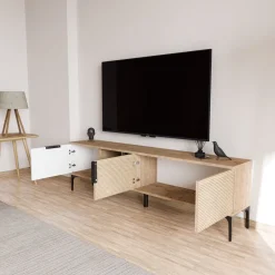 Mobile Porta tv Marrone Rovere Bianco Bianco 2 Ante Apertura a Ribalta 180x33x49h cm, 3 Vani - Imerese
