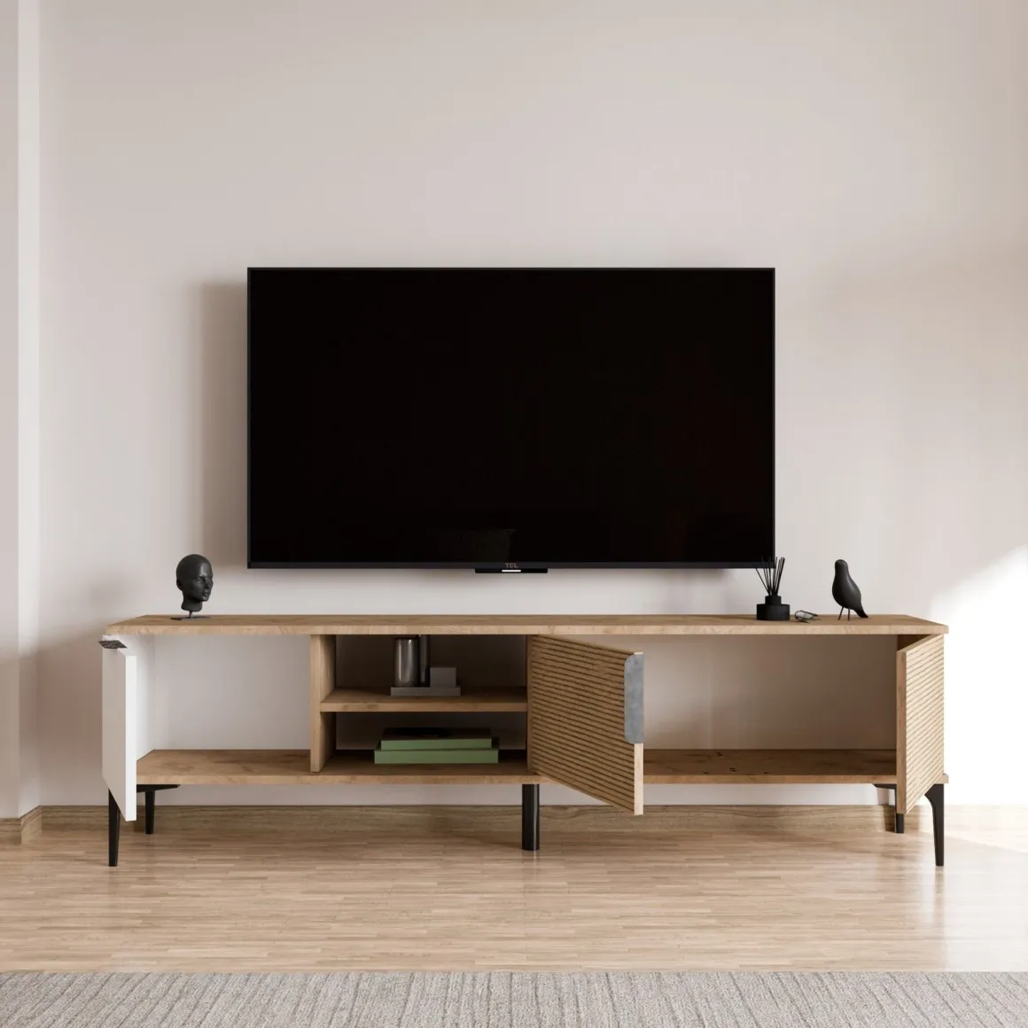 Mobile Porta tv Marrone Rovere Bianco Bianco 2 Ante Apertura a Ribalta 180x33x49h cm, 3 Vani - Imerese