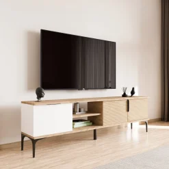 Mobile Porta tv Marrone Rovere Bianco Bianco 2 Ante Apertura a Ribalta 180x33x49h cm, 3 Vani - Imerese
