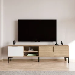 Mobile Porta tv Marrone Rovere Bianco Bianco 2 Ante Apertura a Ribalta 180x33x49h cm, 3 Vani - Imerese