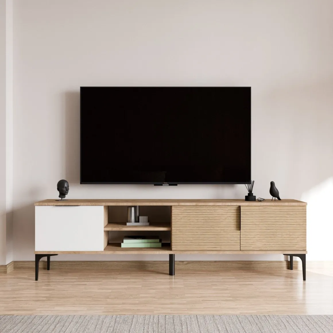 Mobile Porta tv Marrone Rovere Bianco Bianco 2 Ante Apertura a Ribalta 180x33x49h cm, 3 Vani - Imerese