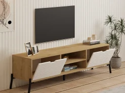 Mobili Porta Tv > Dmora Mobile Porta tv 4 Vani 4 Ante 180x35x50h cm, Apertura a Ribalta - Scodosia Marrone Rovere chiaro