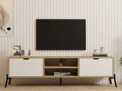 Mobili Porta Tv > Dmora Mobile Porta tv 4 Vani 4 Ante 180x35x50h cm, Apertura a Ribalta - Scodosia Marrone Rovere chiaro