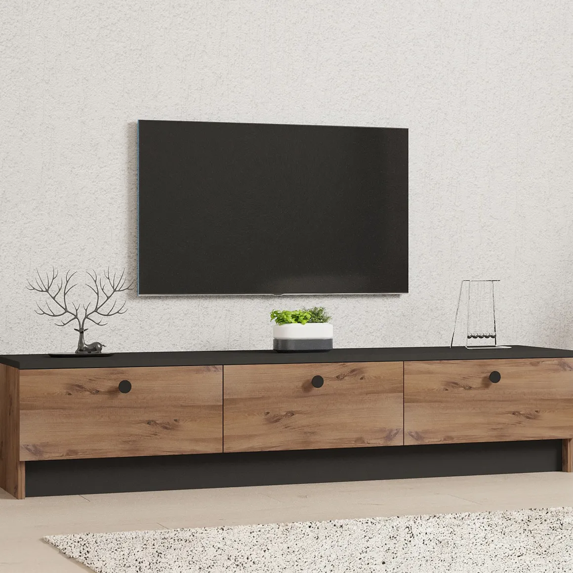Mobile Porta tv Marrone Rovere Nero 3 Ante Apertura a Ribalta 160x35x35h cm, 3 Vani - Sovere