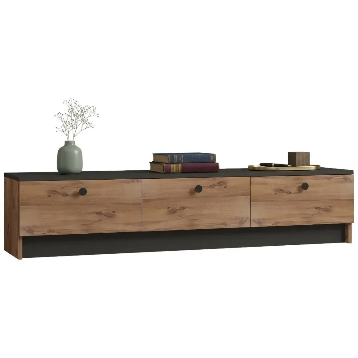 Mobile Porta tv Marrone Rovere Nero 3 Ante Apertura a Ribalta 160x35x35h cm, 3 Vani - Sovere