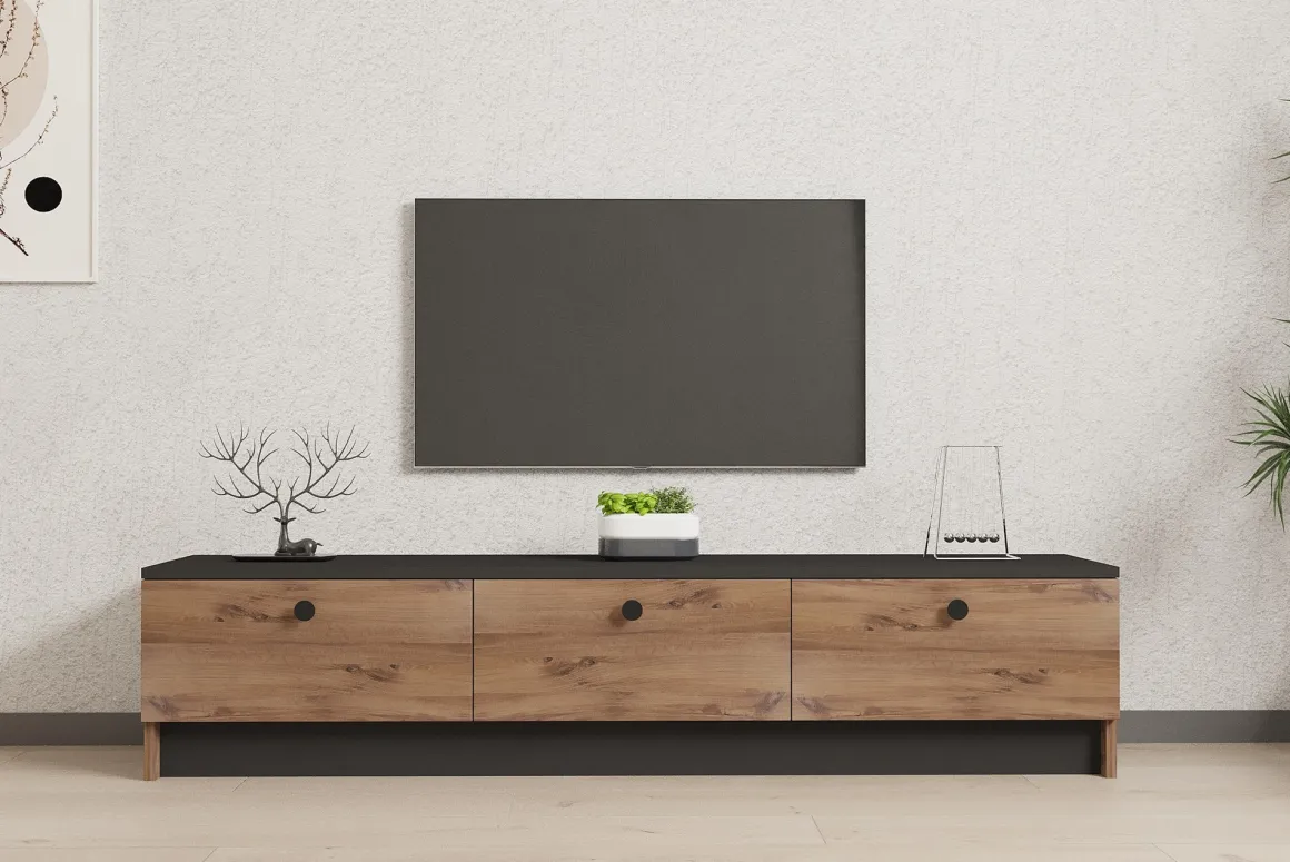 Mobile Porta tv Marrone Rovere Nero 3 Ante Apertura a Ribalta 160x35x35h cm, 3 Vani - Sovere