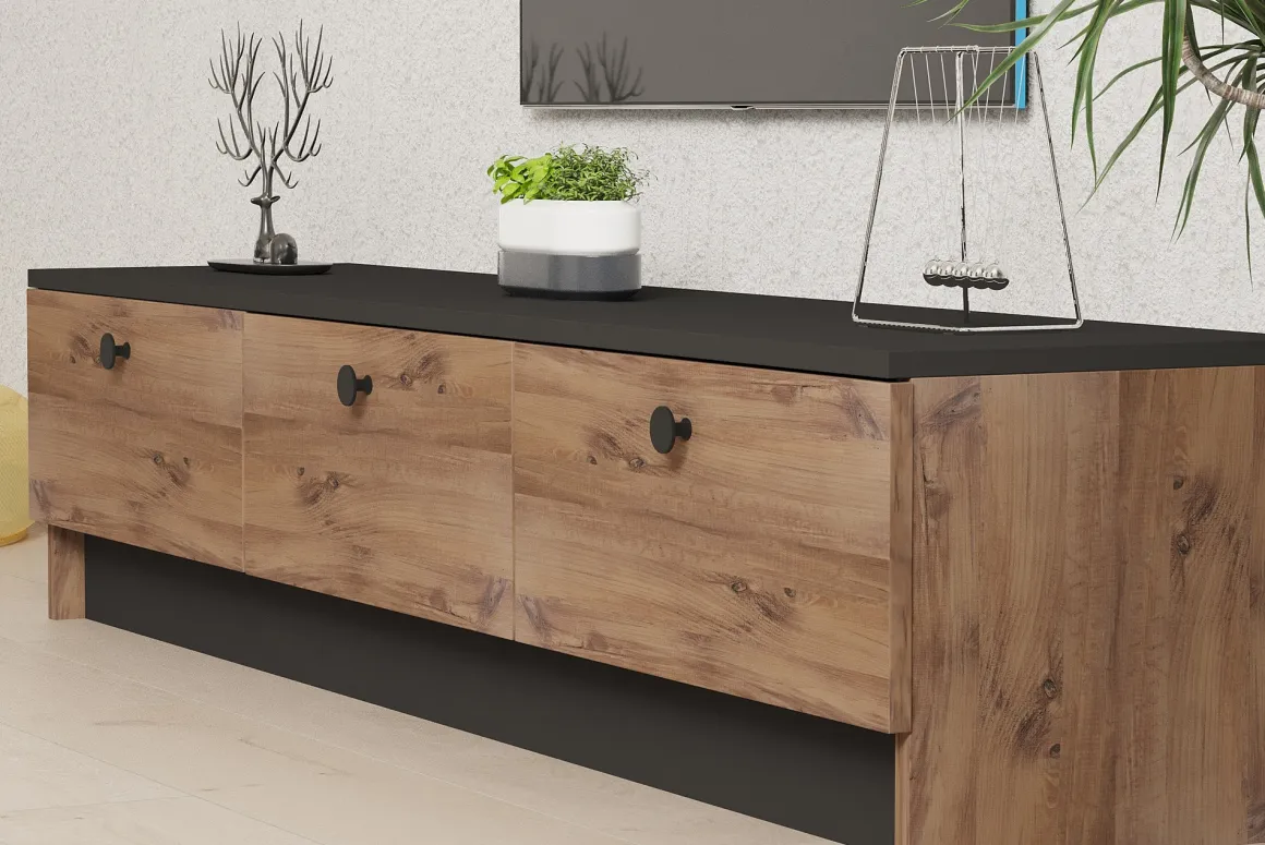 Mobile Porta tv Marrone Rovere Nero 3 Ante Apertura a Ribalta 160x35x35h cm, 3 Vani - Sovere