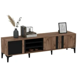 Mobile Porta tv Marrone Rovere Nero Antracite 2 Ripiani 3 Ante 180x40x50h cm, 6 Vani - Gruaro