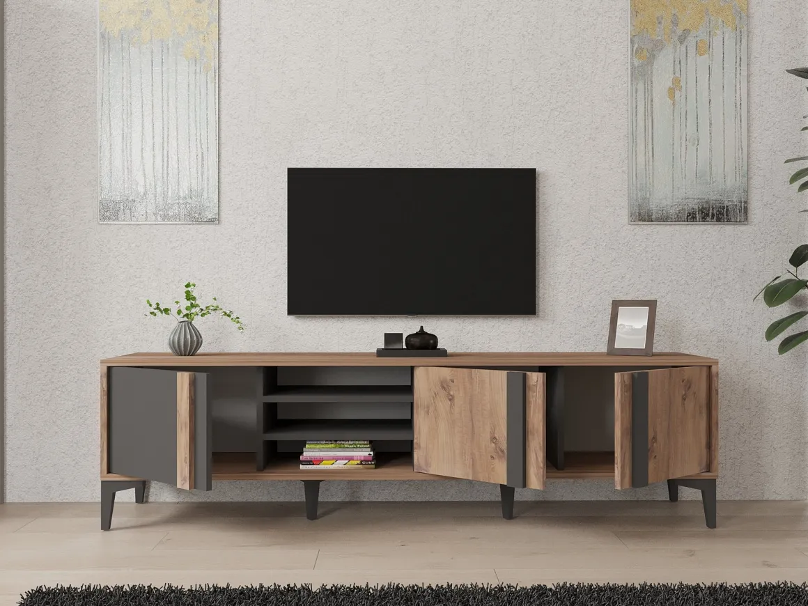 Mobile Porta tv Marrone Rovere Nero Antracite 2 Ripiani 3 Ante 180x40x50h cm, 6 Vani - Gruaro