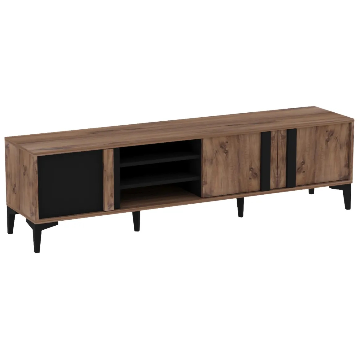Mobile Porta tv Marrone Rovere Nero Antracite 2 Ripiani 3 Ante 180x40x50h cm, 6 Vani - Gruaro
