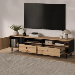 Mobili Porta Tv > Dmora Mobile Porta tv Marrone Rovere Nodi Nero 2 Cassetti un Ripiano 157x40x52h cm, Apertura Battente, Scorrevole - Caivano Nero, Marrone Rovere Nodi