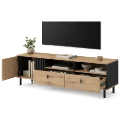 Mobili Porta Tv > Dmora Mobile Porta tv Marrone Rovere Nodi Nero 2 Cassetti un Ripiano 157x40x52h cm, Apertura Battente, Scorrevole - Caivano Nero, Marrone Rovere Nodi