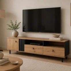 Mobili Porta Tv > Dmora Mobile Porta tv Marrone Rovere Nodi Nero 2 Cassetti un Ripiano 157x40x52h cm, Apertura Battente, Scorrevole - Caivano Nero, Marrone Rovere Nodi