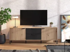 Mobili Porta Tv > Dmora Mobile Porta tv Marrone Rovere Nodi Nero 2 Cassetti un Ripiano 208x40x54.5h cm, 3 Ante - Scapoli Nero, Marrone Rovere Nodi