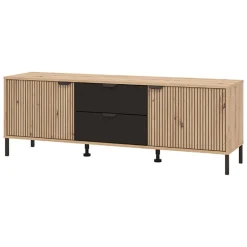 Mobili Porta Tv > Dmora Mobile Porta tv Marrone Rovere Nodi Nero 2 Cassetti un Ripiano 208x40x54.5h cm, 3 Ante - Scapoli Nero, Marrone Rovere Nodi